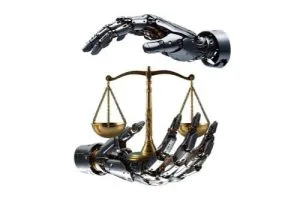 Des mains cyborgs protègent la balance de la justice