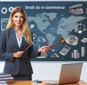 Une enseignante en droit du e-commerce, devant son tableau, le maillet de la justice dans sa main gauche
