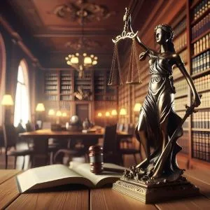 Les symboles du droit et de l'exercice de la justice, dans une bibliothèque. Montre la rigueur et la complexité des études de cas.