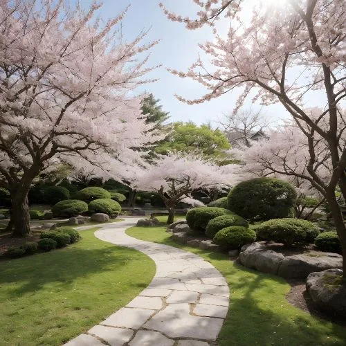 Un chemin pavé serpente entre des bosquets taillés et sous des cerisiers en fleurs, illustrant un cheminement paisible