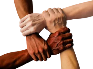 4 mains croisées illustrent le bénéfice de la solidarité, de la réflexion collective pour affronter une crise. Partenariat entre Community Data et la structure hôte