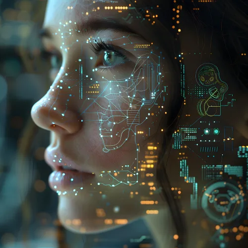 Visage en gros plan où l'oeil brille, parfaitement net. Un réseau évoquant la technologie montre l'intégration de l'humain dans le monde numérique.